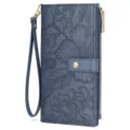 Blue embossed long wallet for women with wrist strap, multiple card slots and zip. - Blue