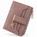 Women short PU leather wallet in dusty pink with chic leaf pendant and card slots design. - Gift Box / Rouge Pink