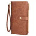 Women long embossed floral wallet PU leather wristlet purse with card slots and snap closure. - Brown