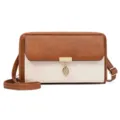 Women's two-tone crossbody shoulder bag, chic pu leather phone purse with leaf pendant. - White and Brown