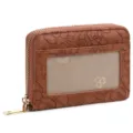 Brown floral embossed card holder wallet with clear ID window and secure metal zipper. - Tan