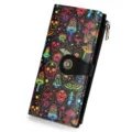 Long women's wallet with colorful skull and mushroom print, microfiber leather, double fold design. - Mushroom / Mushroom Black