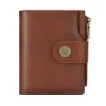 Brown Leather Women Wallet RFID Blocking Sunflower Snap Short Card Holder Coin Pocket Variant - Gift Box / Brown