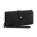 Black embossed floral long wallet with wrist strap and multiple card slots for women. - Embossed Black