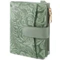 Green women's short wallet, vintage embossed floral pattern, compact folding coin purse with zipper. - Gift Box / Pale Green