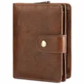 Men's brown retro short leather wallet with snap button closure and vintage wrinkled texture. - Gift Box / Tan