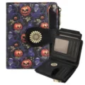 Women short wallet PU leather Halloween pumpkin skull pattern fold purse with card slots - Pumpkin Purple