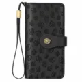Black leather long wallet with embossed clover pattern, metal snap button and wrist strap for women. - Midnight Black