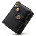 Black short women's wallet with zipper buckle, retro floral snap and clover charm. - Midnight Black