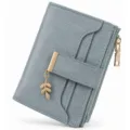 Women short PU leather wallet in greyish blue with leaf pendant, card holder and zipper pocket. - Gift Box / Light Blue