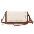 Vintage Two-Tone Studded Crossbody Phone Bag PU Leather Wristlet Wallet Purse for Women - White and Brown