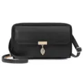 Black leather crossbody shoulder phone bag with gold leaf pendant and multiple card slots - Elegant Black