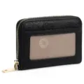 Black embossed leather card wallet zipper coin purse with ID window and gold hardware. - Midnight Black