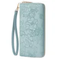 Women long zip wallet embossed floral clutch purse with wrist strap mint green leather chic. - Embossed Blue