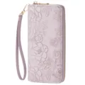 Women Long Wallet Floral Embossed PU Leather Zipper Clutch Purse with Wrist Strap - Embossed Purple