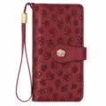 Red leather long wallet for women with embossed four leaf clover pattern and wrist strap - Burgundy