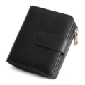 Black women short wallet PU leather coin purse card slots zipper closure compact style - Midnight Black