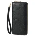 Black embossed floral long wallet for women with zipper and wrist strap chic purse - Midnight Black