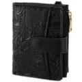 Women short retro embossed wallet black bi-fold card holder with zipper and keychain - Gift Box / Midnight Black