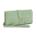Light green embossed floral long women wallet, PU leather multi-card clutch purse with wristlet. - Embossed Light Green