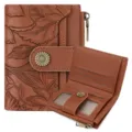 Brown leather women short wallet with vintage leaf embossing and daisy metal snap button. - Embossed Brown