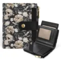 Women short wallet with gothic skull floral print, black PU leather, multiple card slots. - Gift Box / Skull Black