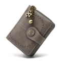 Grey short women leather wallet with zipper buckle, hollow design and cute clover charm variant. - Dark Gray