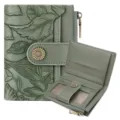 Womens short retro embossed leaf wallet with flower snap button and coin purse card slots. - Embossed Light Green