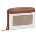 Two-tone zip card wallet with ID window and floral embossing, brown and white compact coin purse. - White and Brown