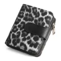Black and white leopard print short women wallet with zipper closure and snap button card holder. - Leopard Print Black