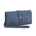 Blue embossed floral long women wallet with wrist strap and snap closure, PU leather. - Embossed Blue