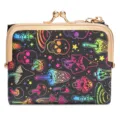 Neon skull and mushroom print short PU leather coin purse kiss lock wallet black - Skull Black