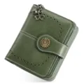 Green women short wallet featuring vintage hollow design, metal snap button and clover charm. - Olive Green