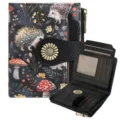 Women short PU leather wallet with cute hedgehog and mushroom print, folding card holder. - Hedgehog Black