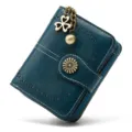 Dark blue retro women short wallet with hollow pattern, zipper, snap closure and clover charm. - Lake Blue