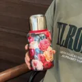 Bouteille isotherme en acier inoxydable retro tasse de voyage avec motif de fleurs roses - 450ml / Rose