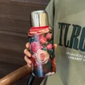Bouteille thermos en acier inoxydable vintage avec imprimé floral rose, tasse portable isolée. - Grande Capacité / Rose