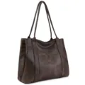 Detailed view of the dark brown large capacity leather tote bag, showing dual straps. - Coffee