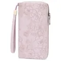 Embossed floral long wallet for women, PU leather zip-around clutch with wrist strap. - Printed Lavender