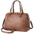 Classic brown PU leather satchel handbag with top handles and adjustable strap for women. - Tan