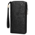 Black leather long wallet with embossed floral design, wrist strap and zipper closure details. - Printed Black