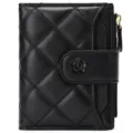 Black quilted women short wallet with camellia snap button multi card slot zipper coin purse - Midnight Black