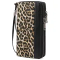 Women dual zipper leopard print leather wallet, retro large capacity clutch purse with wrist strap. - Leopard Print Black