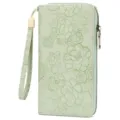 Light green floral embossed long wallet with wrist strap zipper closure stylish womens bag - Printed Green