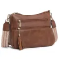 Brown PU leather crossbody bag with wide strap, multi-pocket casual shoulder bag for women. - Tan
