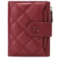 Red quilted women short wallet zipper card holder stylish compact coin purse bag - Burgundy