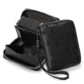 Black PU leather accordion card holder wallet with zipper, multiple slots and wrist strap. - Printed Black