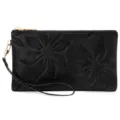 Black faux leather long clutch wallet, floral embossed wristlet purse in black color. - Midnight Black