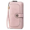 Pink long leather wallet for women with wrist strap, stylish vintage coin purse clutch bag. - Light Pink
