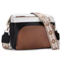 Colorblock crossbody bag with wide strap, multi-compartment zipper shoulder bag for women. - Black and Brown